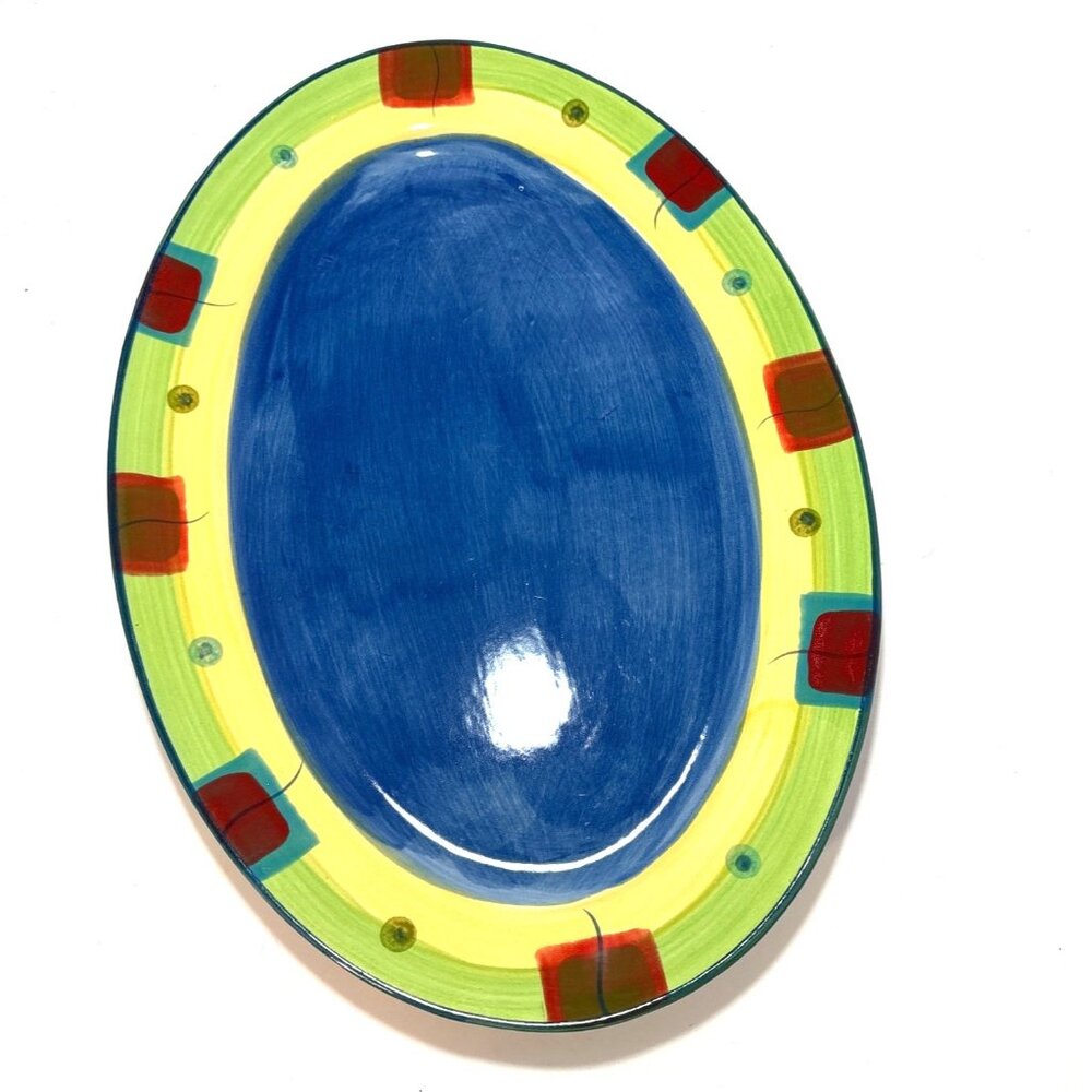 Pfaltzgraff Everyday Mesa Oval Platter Vibrant Blue & Multicolor Ceramic Serving - Picture 2 of 4